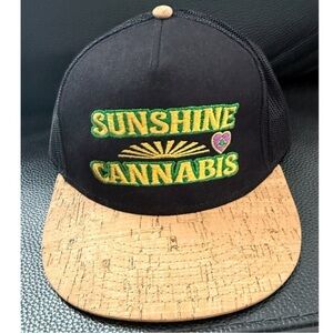 Sunshine Cannabis Black Trucker Hat Cork Brim Mesh Back Snapback Embroidered New